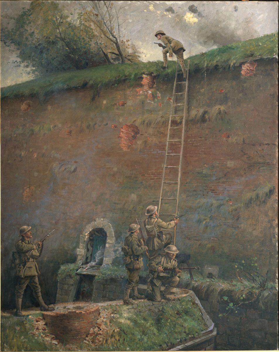 A painting by George Edmund Butler, 'Capture of the walls of Le Quesnoy', 1920.